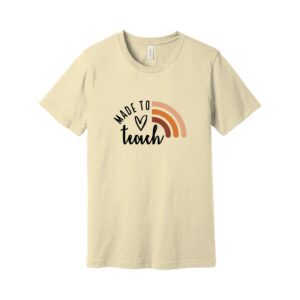 Beige t-shirt with Made to Teach slogan and design