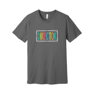 Gray director t-shirt with colorful lettering.