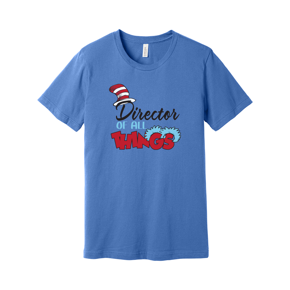 Blue t-shirt with playful Director of All Things text