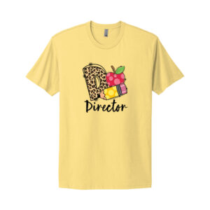 Yellow t-shirt with colorful director design print.