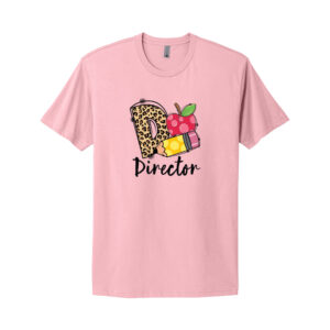 Pink Director T-shirt with leopard print and fruits.