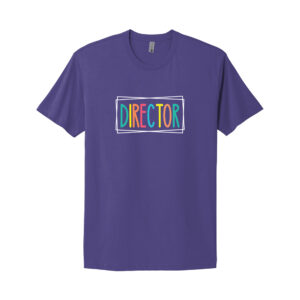 Purple director T-shirt with colorful text design