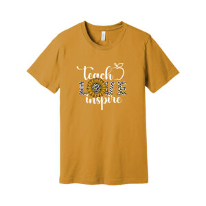 Mustard yellow t-shirt with teach love inspire print